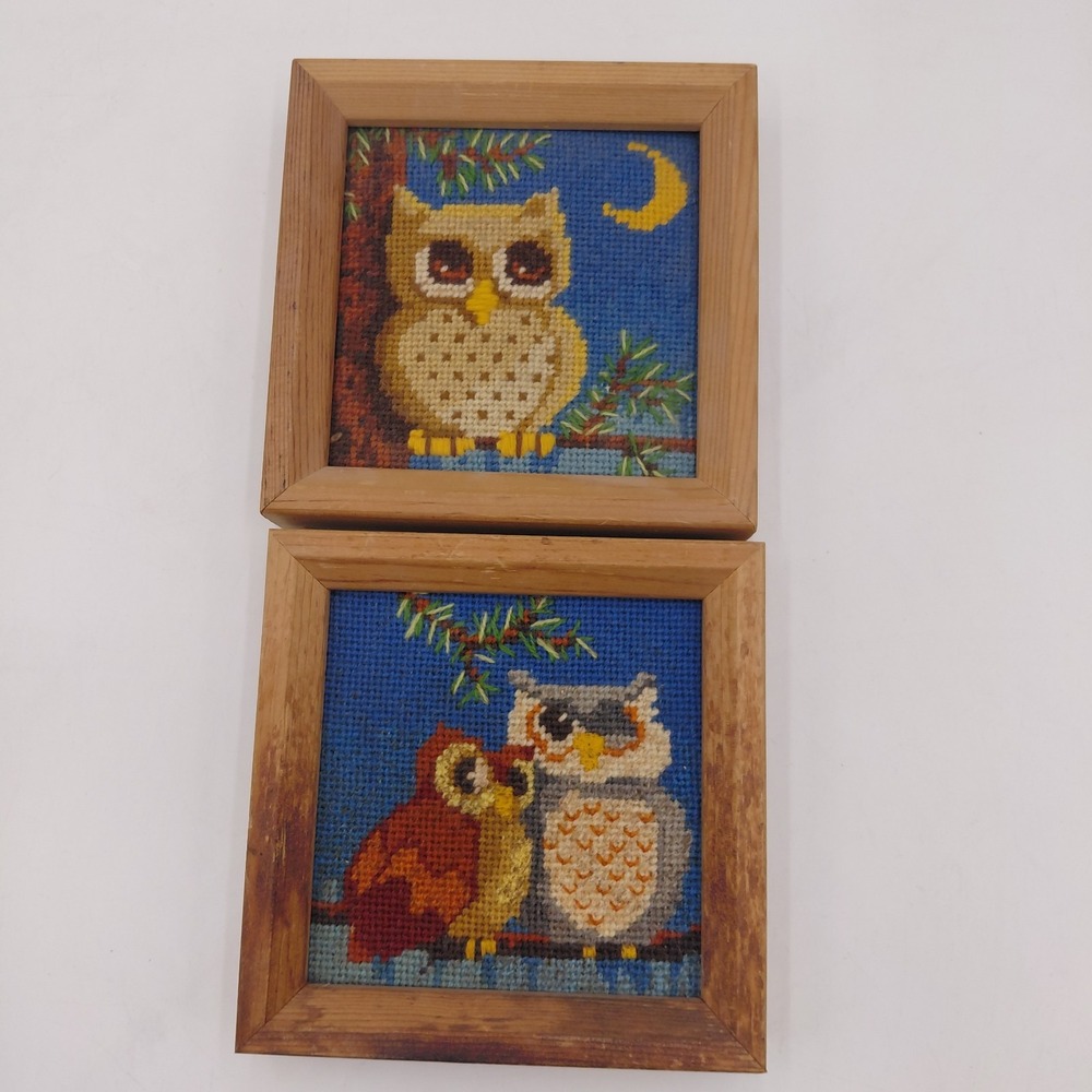 2 Vtg 70s Handmade Framed Needlepoint OWL Lot Nature Art 6x6 Owls Kitchy Whimsy